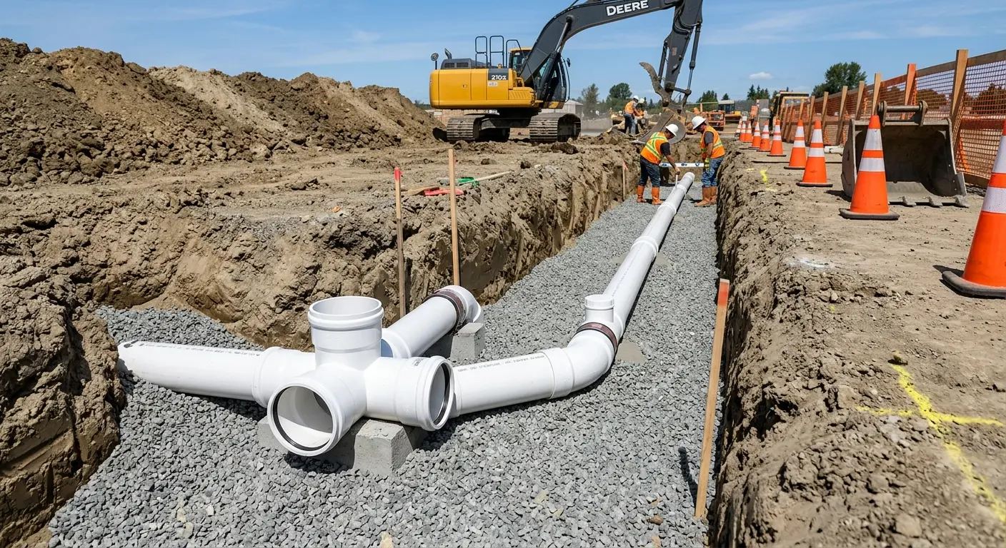 New PVC sewer pipe installation in open trench for Grease Trap Cleaning in Douglas