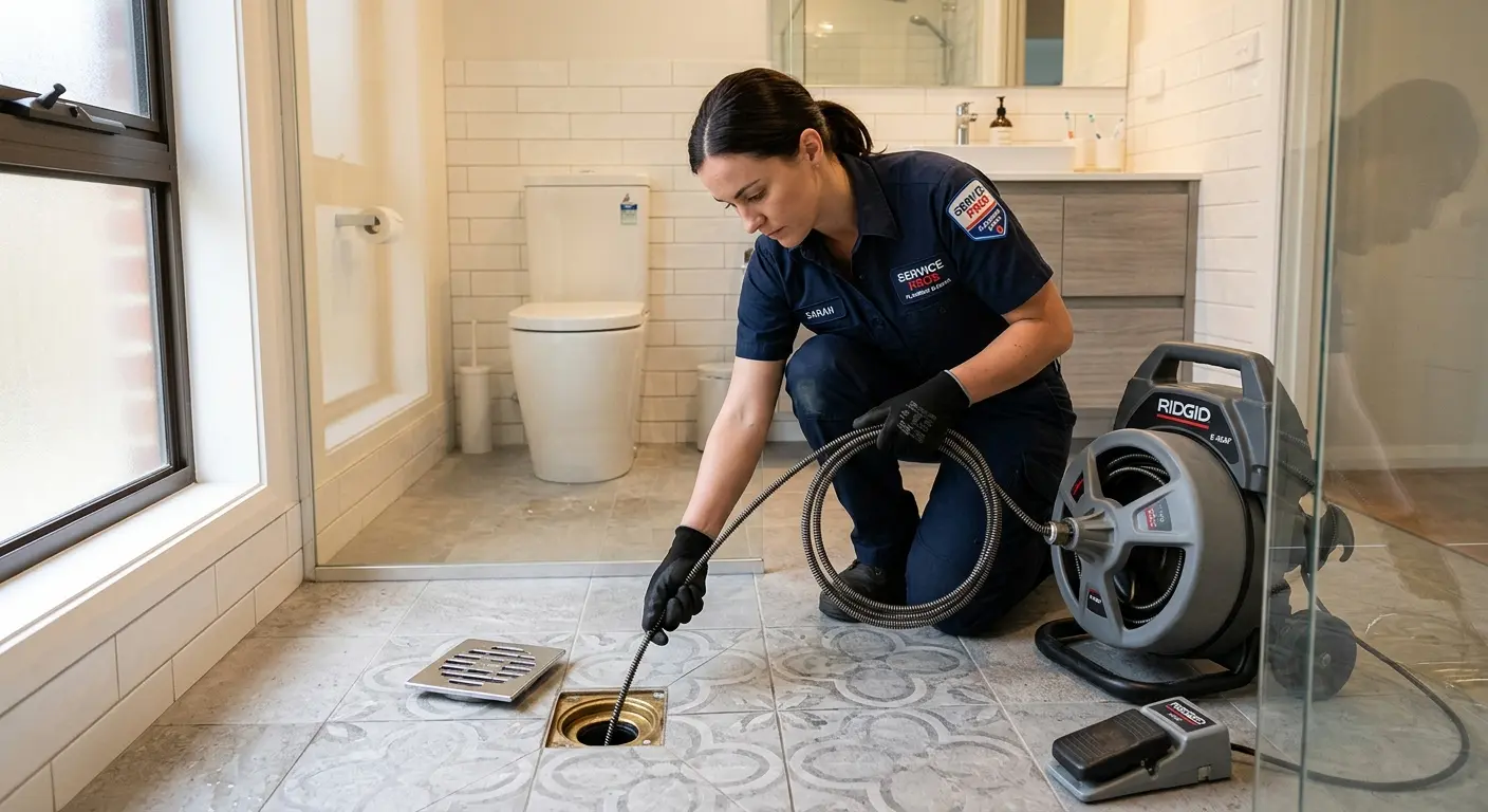 Technician clearing a bathroom floor drain for Sewer Line Installation in Douglas